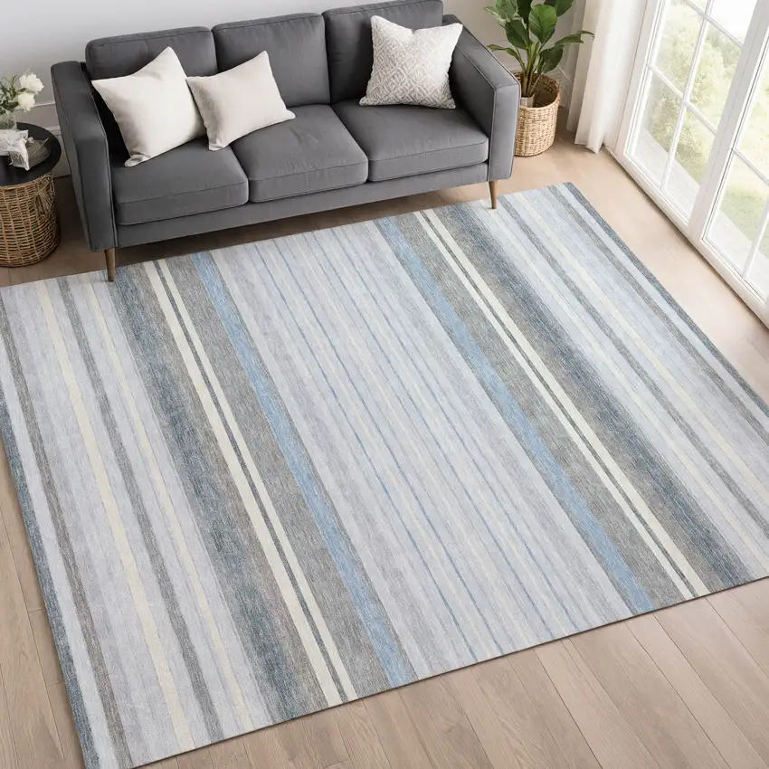Sky Blue And Ivory Striped Washable Indoor Outdoor Area Rug Photo 9