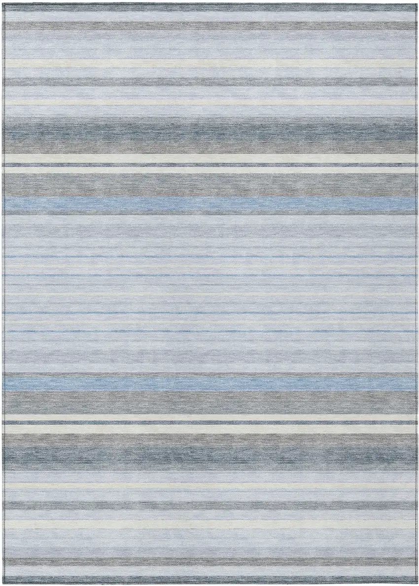 Sky Blue And Ivory Striped Washable Indoor Outdoor Area Rug Photo 2