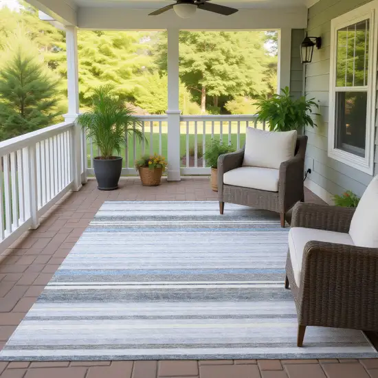 Sky Blue And Ivory Striped Washable Indoor Outdoor Area Rug Photo 9
