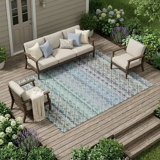 Sky Blue And Ivory Striped Washable Indoor Outdoor Area Rug Photo 1