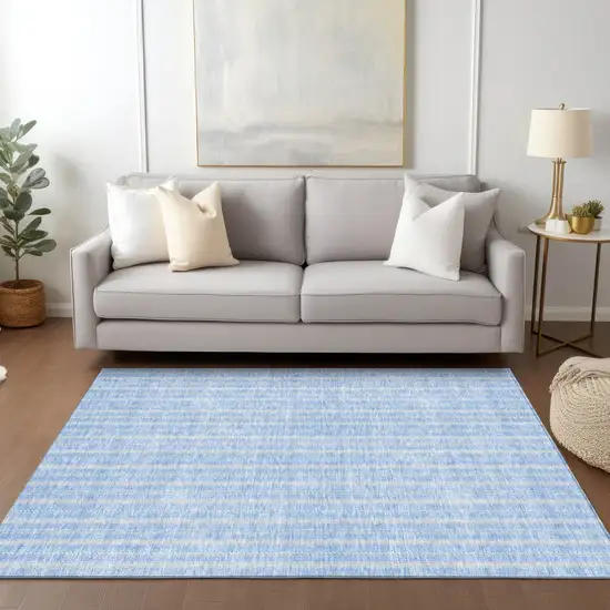 Sky Blue And Ivory Striped Washable Indoor Outdoor Area Rug Photo 9