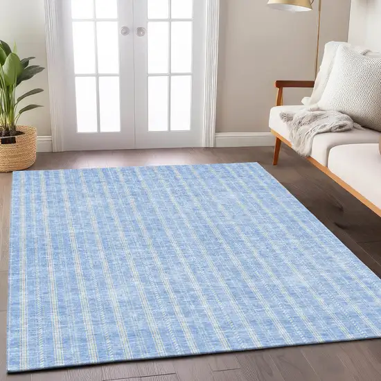 Sky Blue And Ivory Striped Washable Indoor Outdoor Area Rug Photo 8