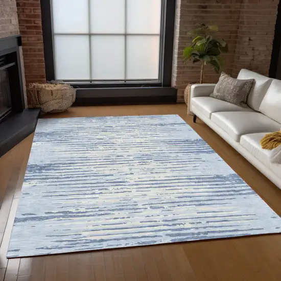 Sky Blue And Ivory Striped Washable Indoor Outdoor Area Rug Photo 9
