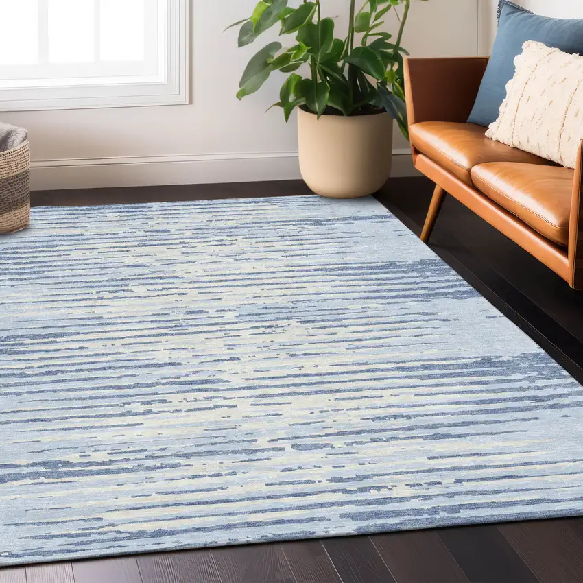 Sky Blue And Ivory Striped Washable Indoor Outdoor Area Rug Photo 9