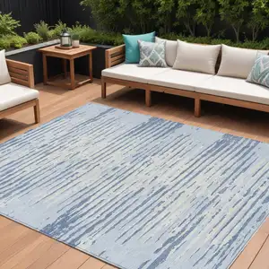 Photo of Sky Blue And Ivory Striped Washable Indoor Outdoor Area Rug