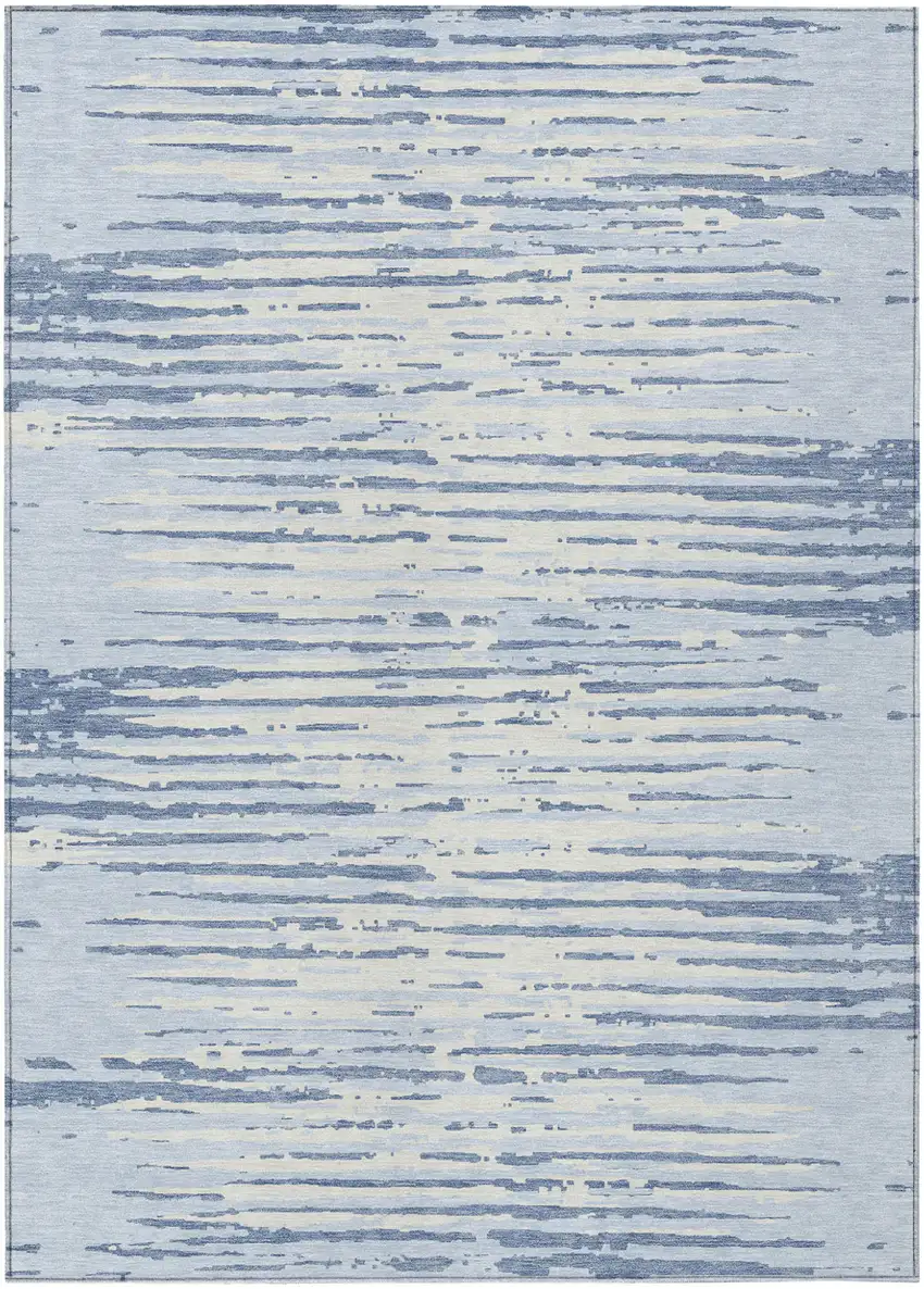 Sky Blue And Ivory Striped Washable Indoor Outdoor Area Rug Photo 2