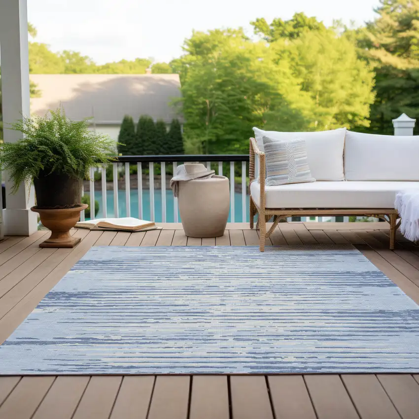 Sky Blue And Ivory Striped Washable Indoor Outdoor Area Rug Photo 9