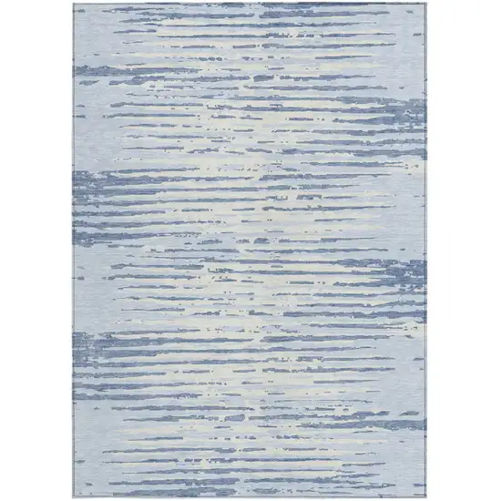 Sky Blue And Ivory Striped Washable Indoor Outdoor Area Rug Photo 6
