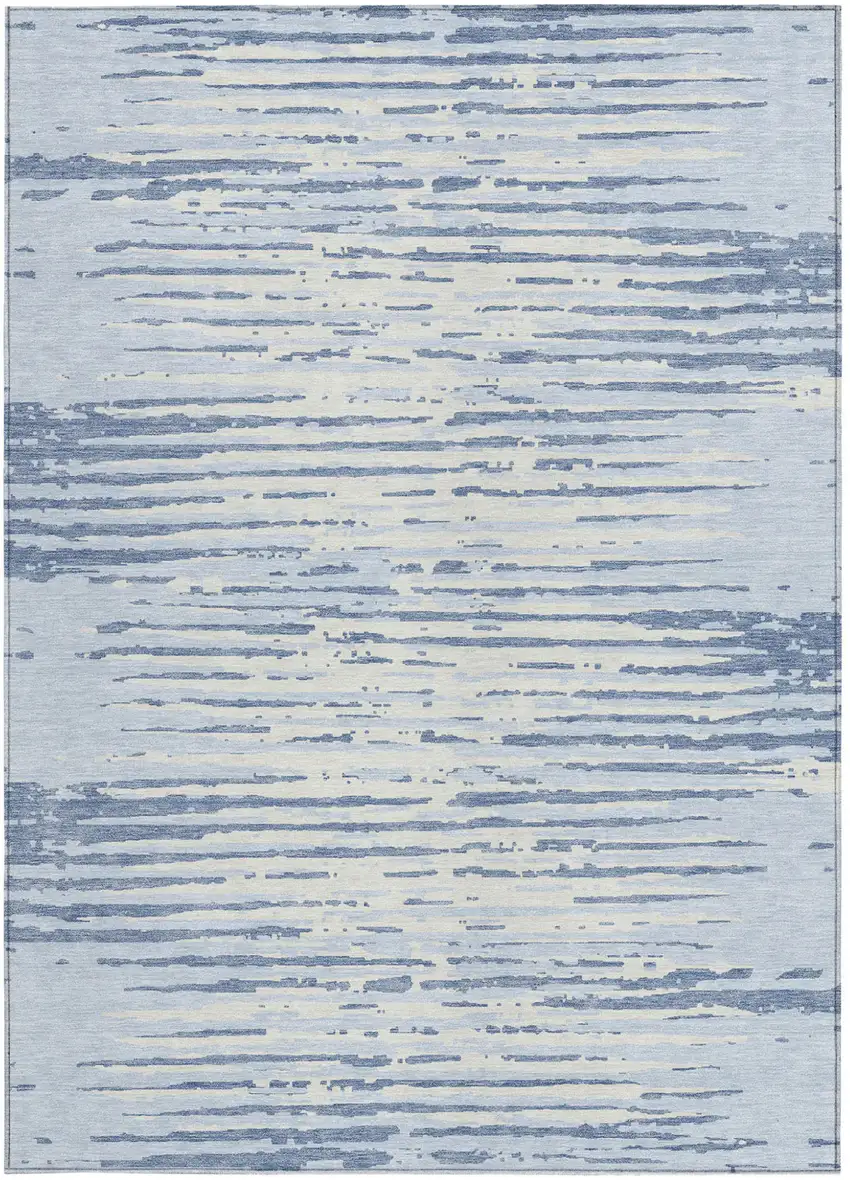 Sky Blue And Ivory Striped Washable Indoor Outdoor Area Rug Photo 6