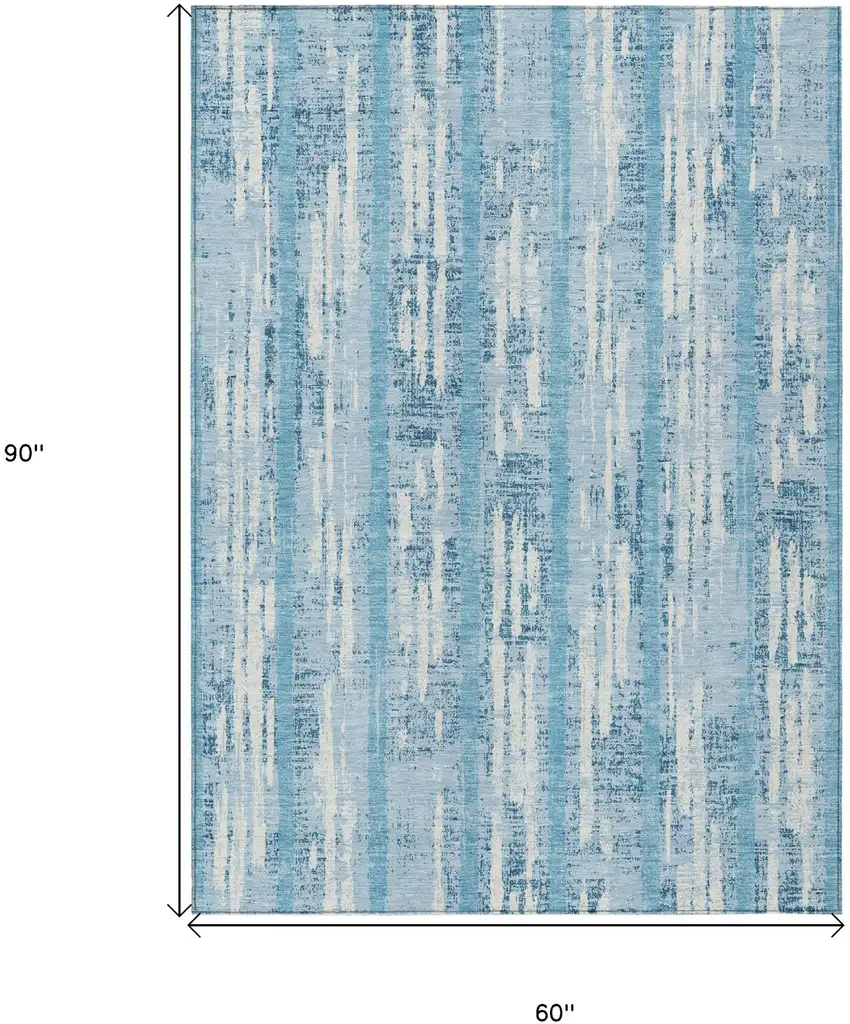 Sky Blue And Ivory Striped Washable Indoor Outdoor Area Rug Photo 3