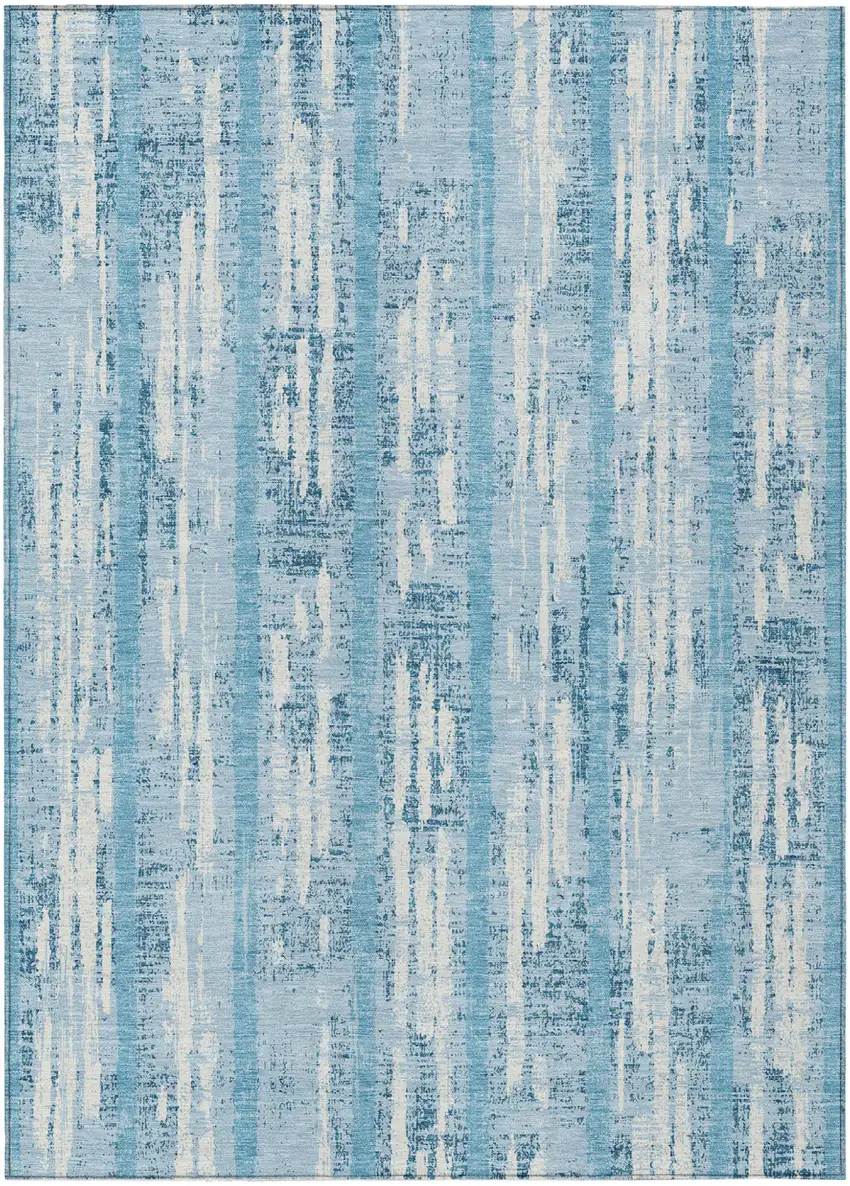 Sky Blue And Ivory Striped Washable Indoor Outdoor Area Rug Photo 2