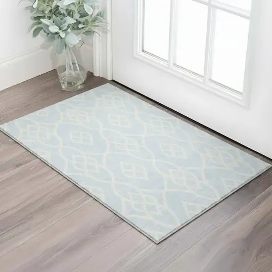 Sky Blue And Ivory Trellis Washable Area Rug With UV Protection Photo 2