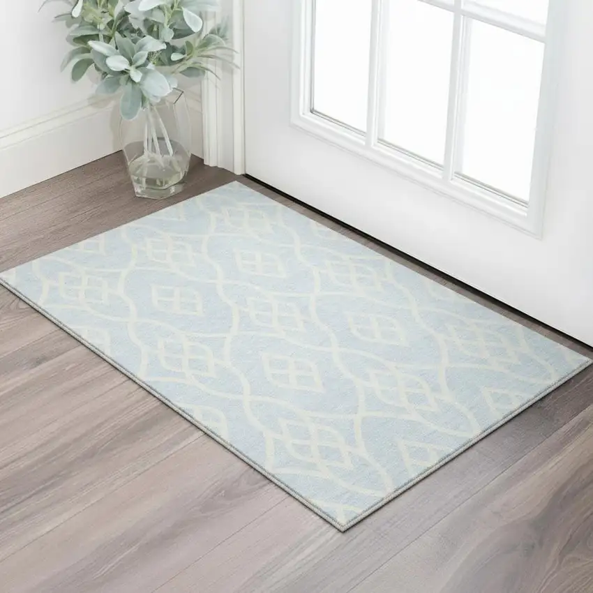 Sky Blue And Ivory Trellis Washable Area Rug With UV Protection Photo 2