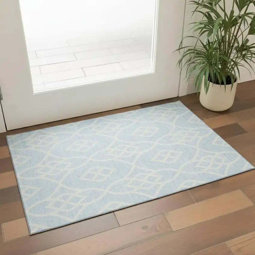 Sky Blue And Ivory Trellis Washable Area Rug With UV Protection Photo 1