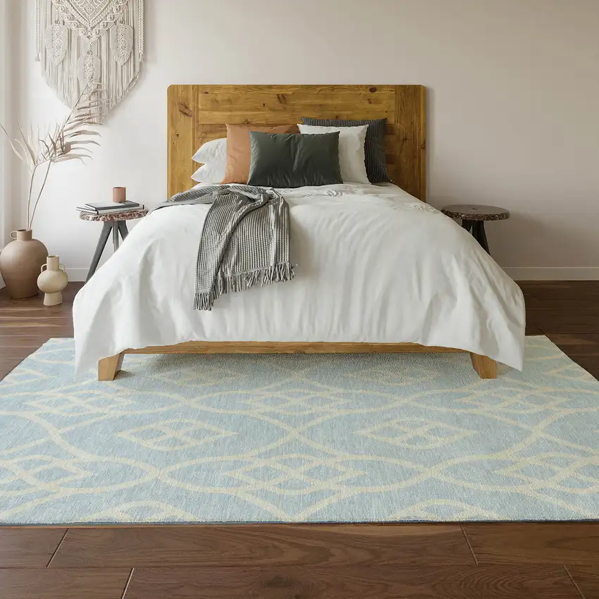 Sky Blue And Ivory Trellis Washable Area Rug With UV Protection Photo 6