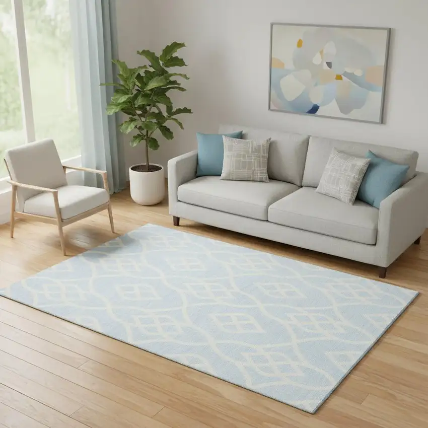 Sky Blue And Ivory Trellis Washable Area Rug With UV Protection Photo 1