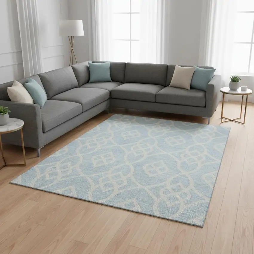 Sky Blue And Ivory Trellis Washable Area Rug With UV Protection Photo 2