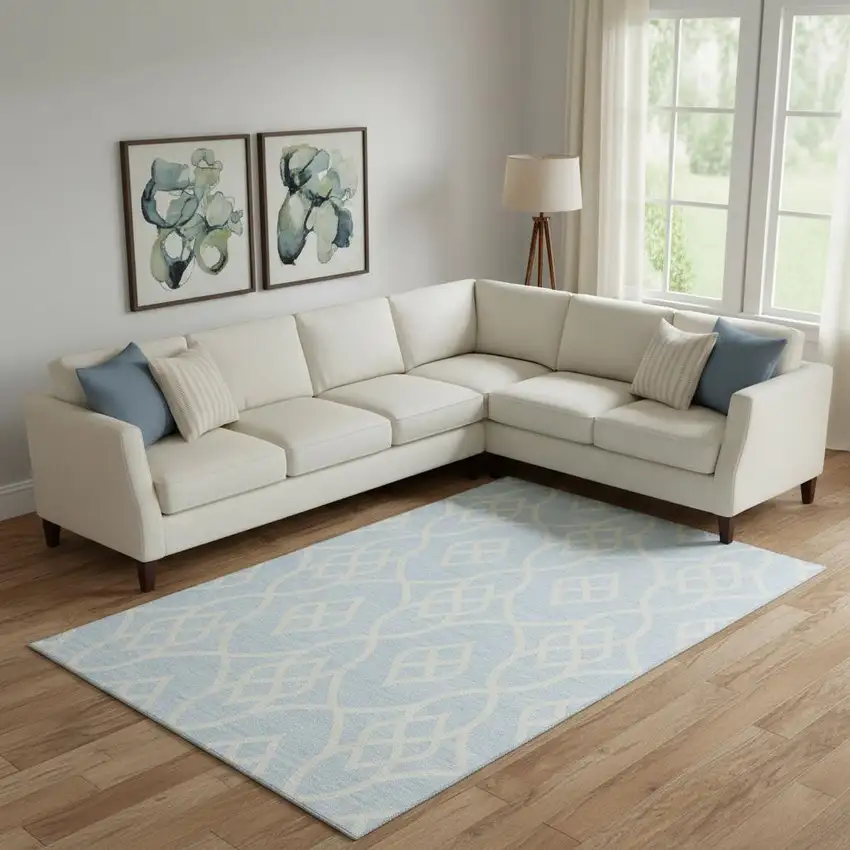 Sky Blue And Ivory Trellis Washable Area Rug With UV Protection Photo 1