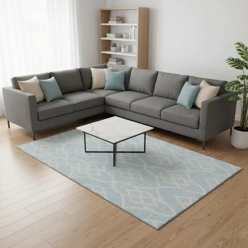 Sky Blue And Ivory Trellis Washable Area Rug With UV Protection Photo 2