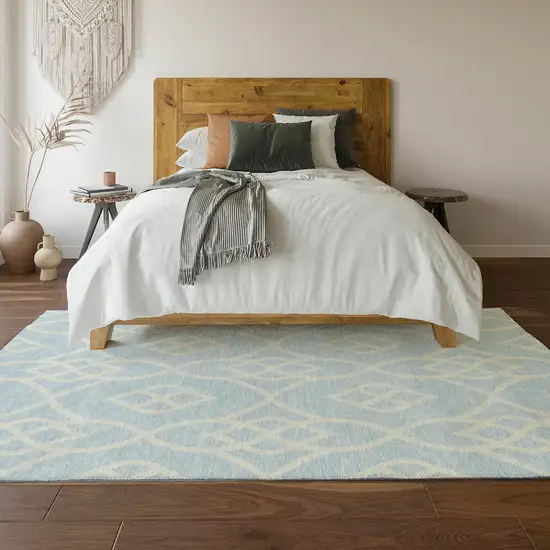Sky Blue And Ivory Trellis Washable Area Rug With UV Protection Photo 5
