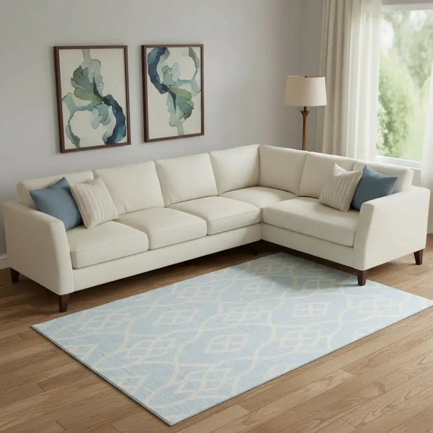 Sky Blue And Ivory Trellis Washable Area Rug With UV Protection Photo 1