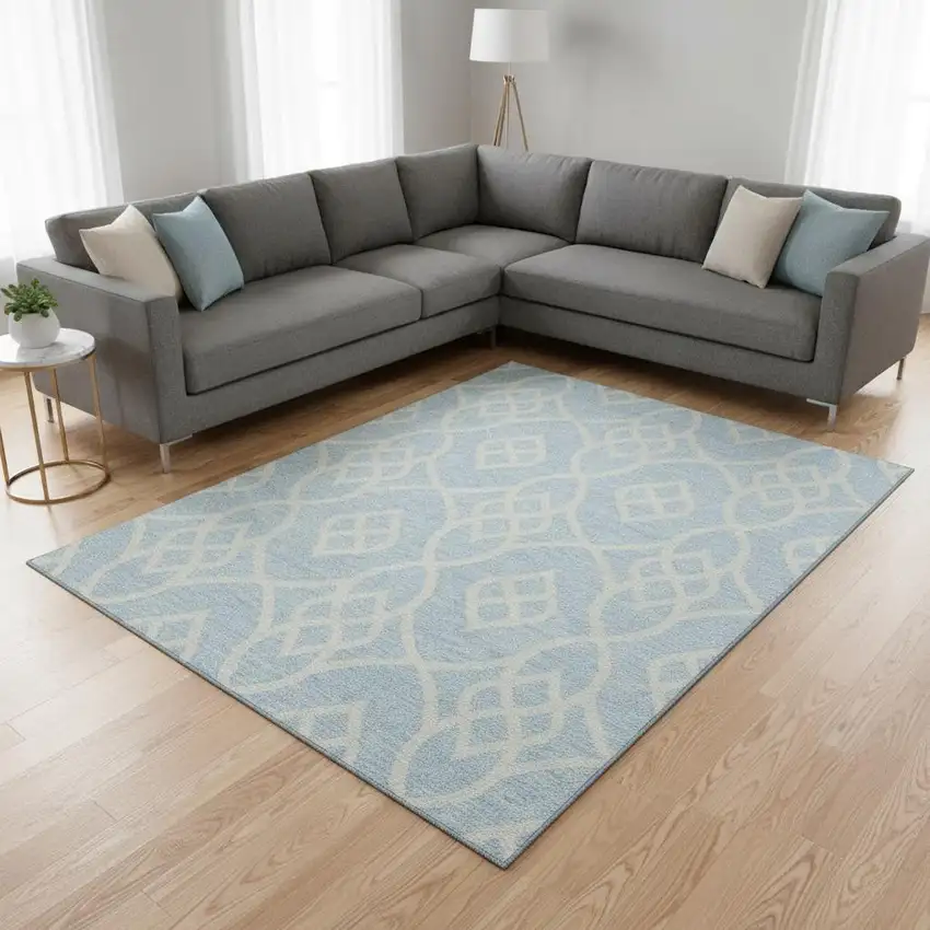 Sky Blue And Ivory Trellis Washable Area Rug With UV Protection Photo 2