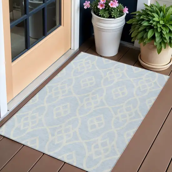 Sky Blue And Ivory Trellis Washable Indoor Outdoor Area Rug Photo 1