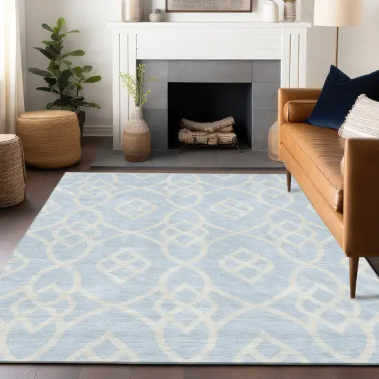 Sky Blue And Ivory Trellis Washable Indoor Outdoor Area Rug Photo 9