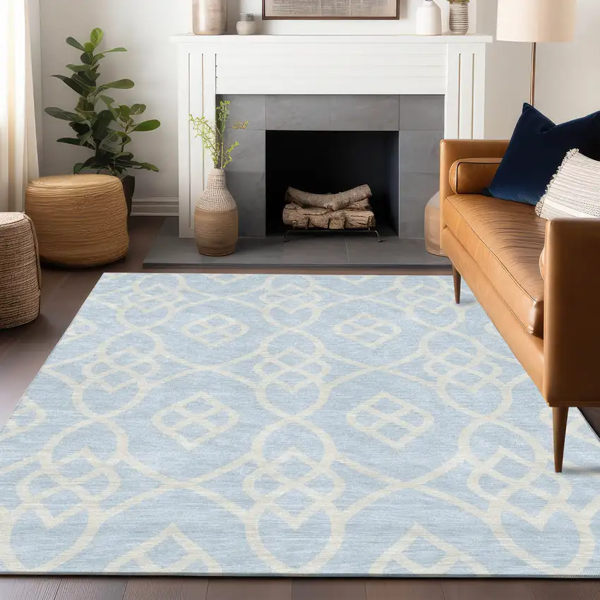 Sky Blue And Ivory Trellis Washable Indoor Outdoor Area Rug Photo 9