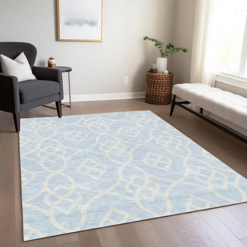 Sky Blue And Ivory Trellis Washable Indoor Outdoor Area Rug Photo 9