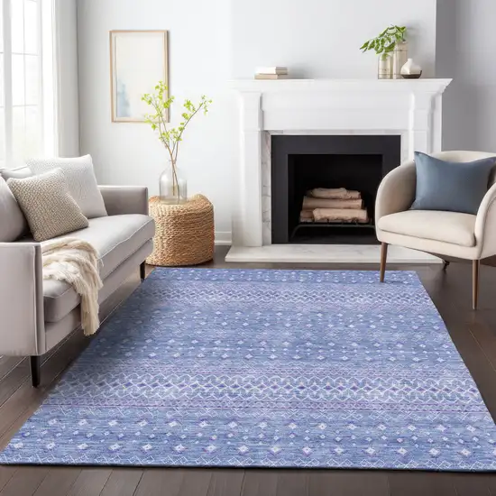 Sky Blue And Ivory Tribal Washable Area Rug With UV Protection Photo 4