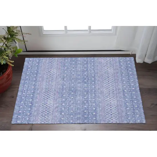 Sky Blue And Ivory Tribal Washable Area Rug With UV Protection Photo 2