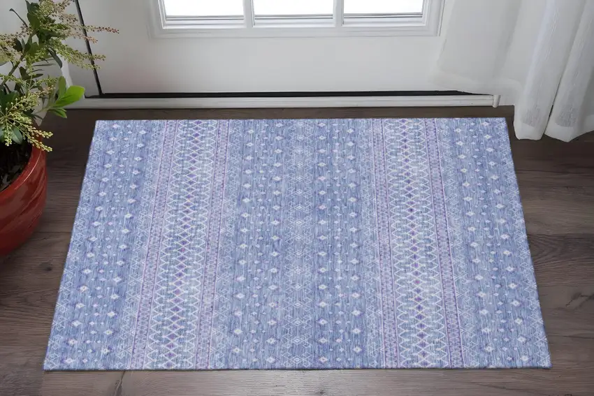Sky Blue And Ivory Tribal Washable Area Rug With UV Protection Photo 2