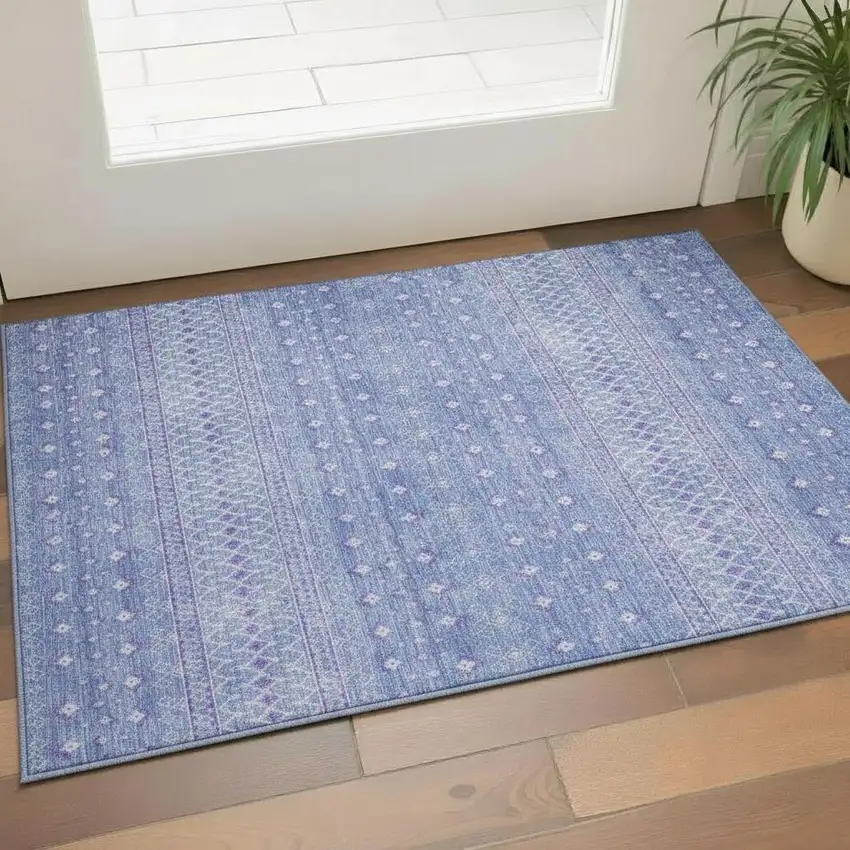 Sky Blue And Ivory Tribal Washable Area Rug With UV Protection Photo 1