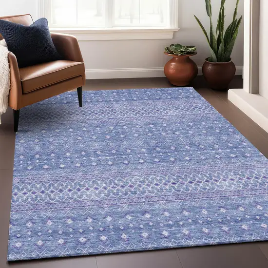Sky Blue And Ivory Tribal Washable Area Rug With UV Protection Photo 5