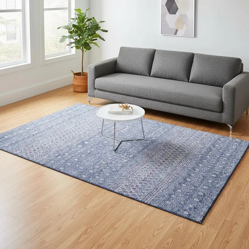 Sky Blue And Ivory Tribal Washable Area Rug With UV Protection Photo 1