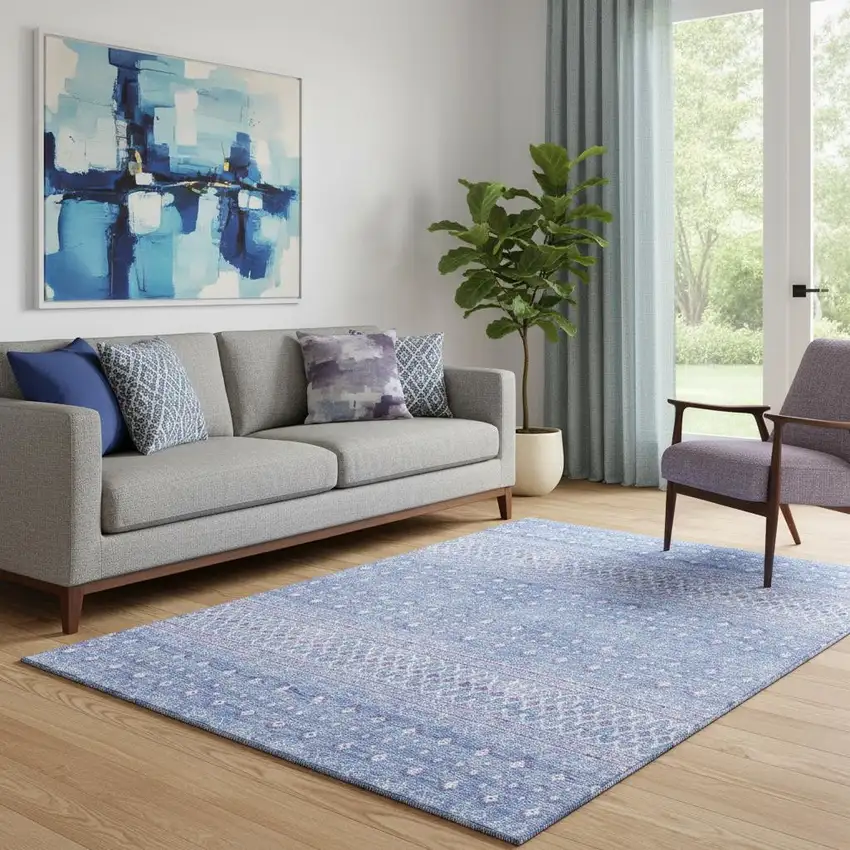 Sky Blue And Ivory Tribal Washable Area Rug With UV Protection Photo 1