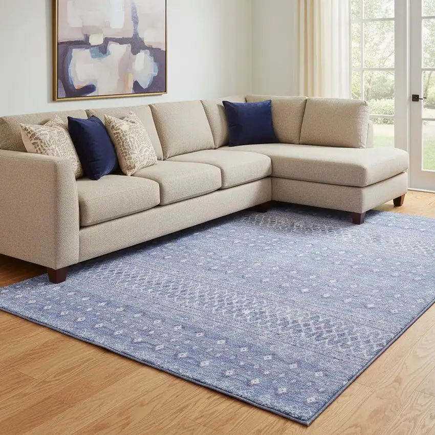 Sky Blue And Ivory Tribal Washable Area Rug With UV Protection Photo 1