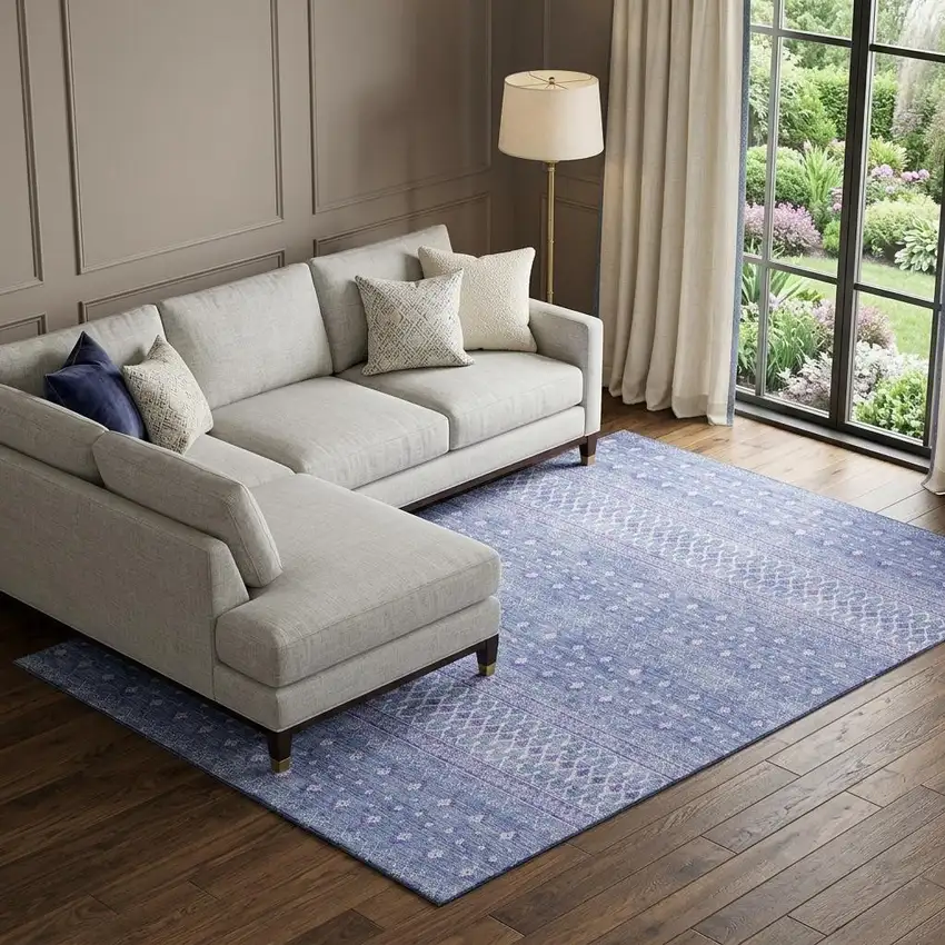 Sky Blue And Ivory Tribal Washable Area Rug With UV Protection Photo 1