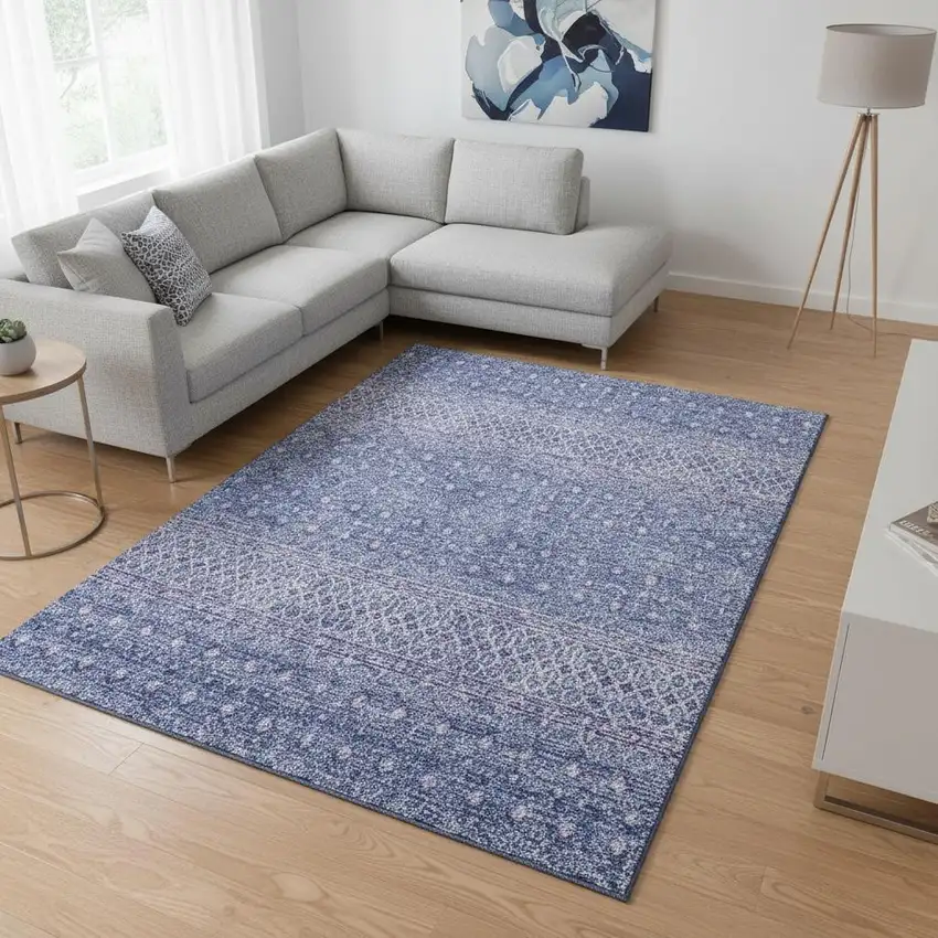 Sky Blue And Ivory Tribal Washable Area Rug With UV Protection Photo 1
