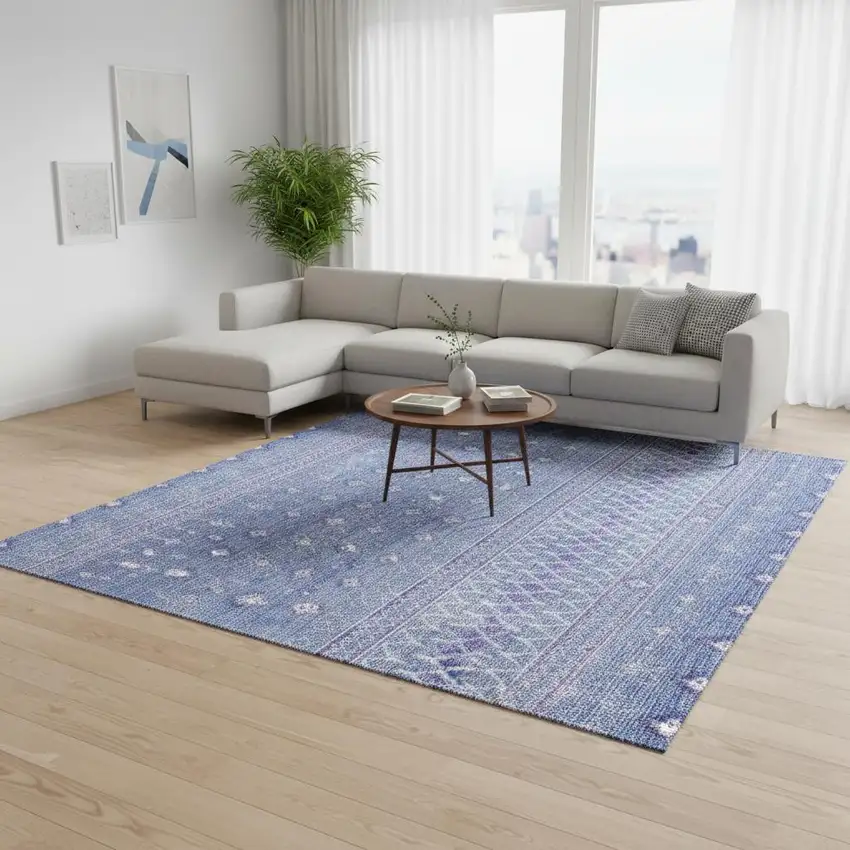 Sky Blue And Ivory Tribal Washable Area Rug With UV Protection Photo 5