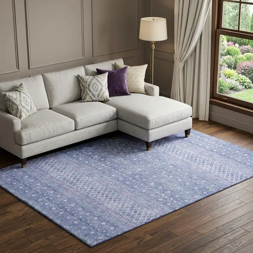 Sky Blue And Ivory Tribal Washable Area Rug With UV Protection Photo 1