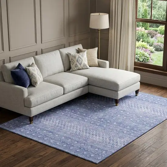 Sky Blue And Ivory Tribal Washable Area Rug With UV Protection Photo 1