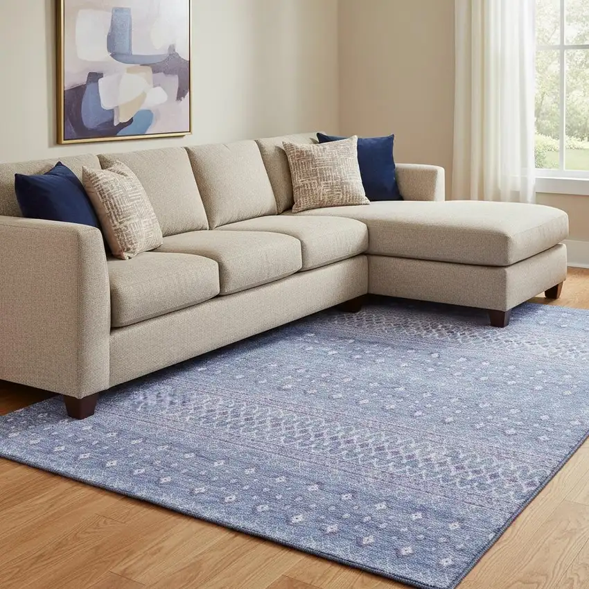 Sky Blue And Ivory Tribal Washable Area Rug With UV Protection Photo 1