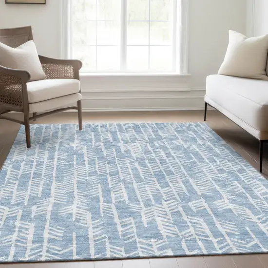 Sky Blue And Ivory Tribal Washable Area Rug With UV Protection Photo 6