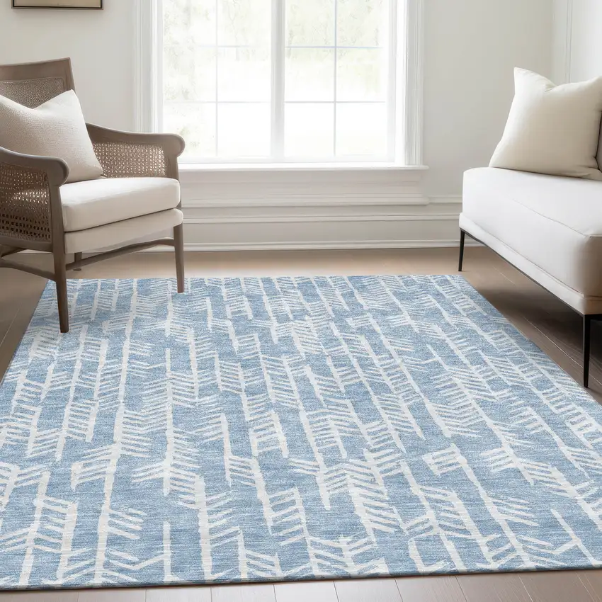 Sky Blue And Ivory Tribal Washable Area Rug With UV Protection Photo 6