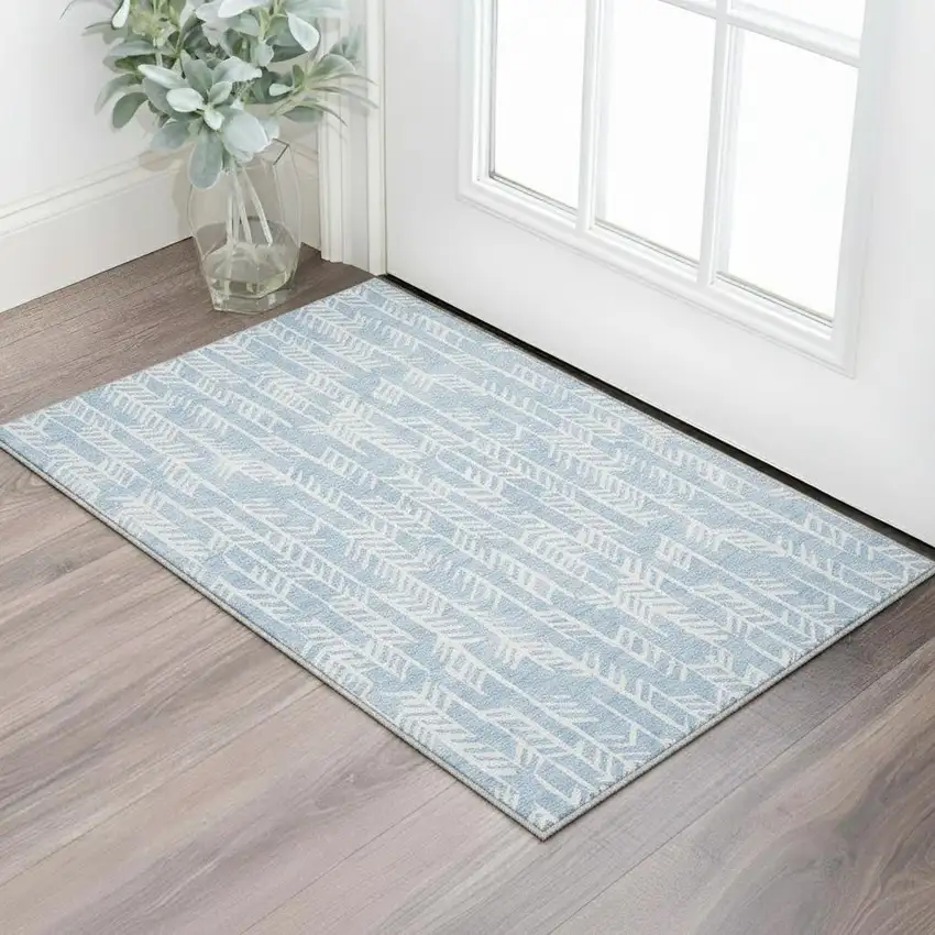 Sky Blue And Ivory Tribal Washable Area Rug With UV Protection Photo 2