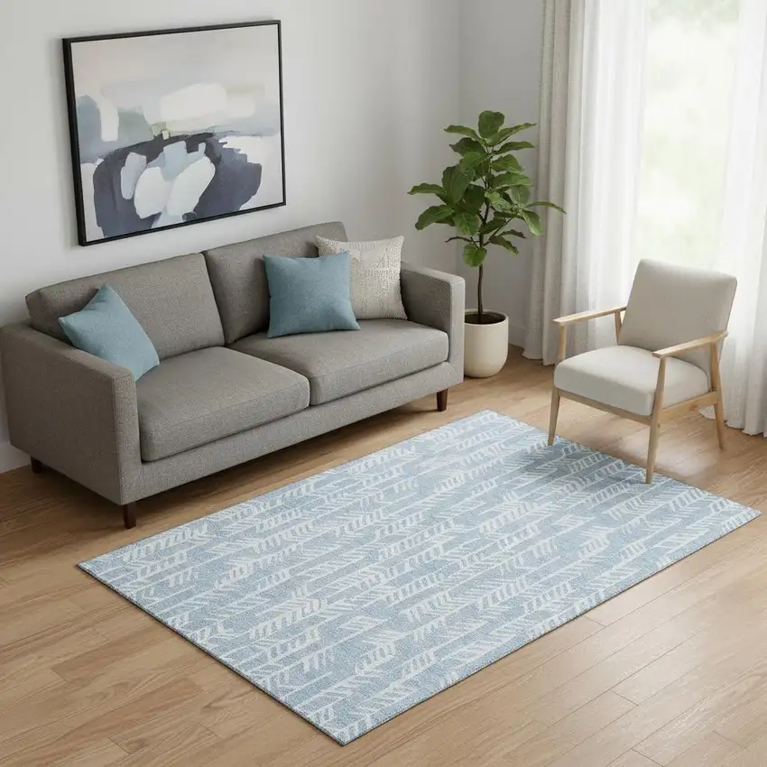 Sky Blue And Ivory Tribal Washable Area Rug With UV Protection Photo 1
