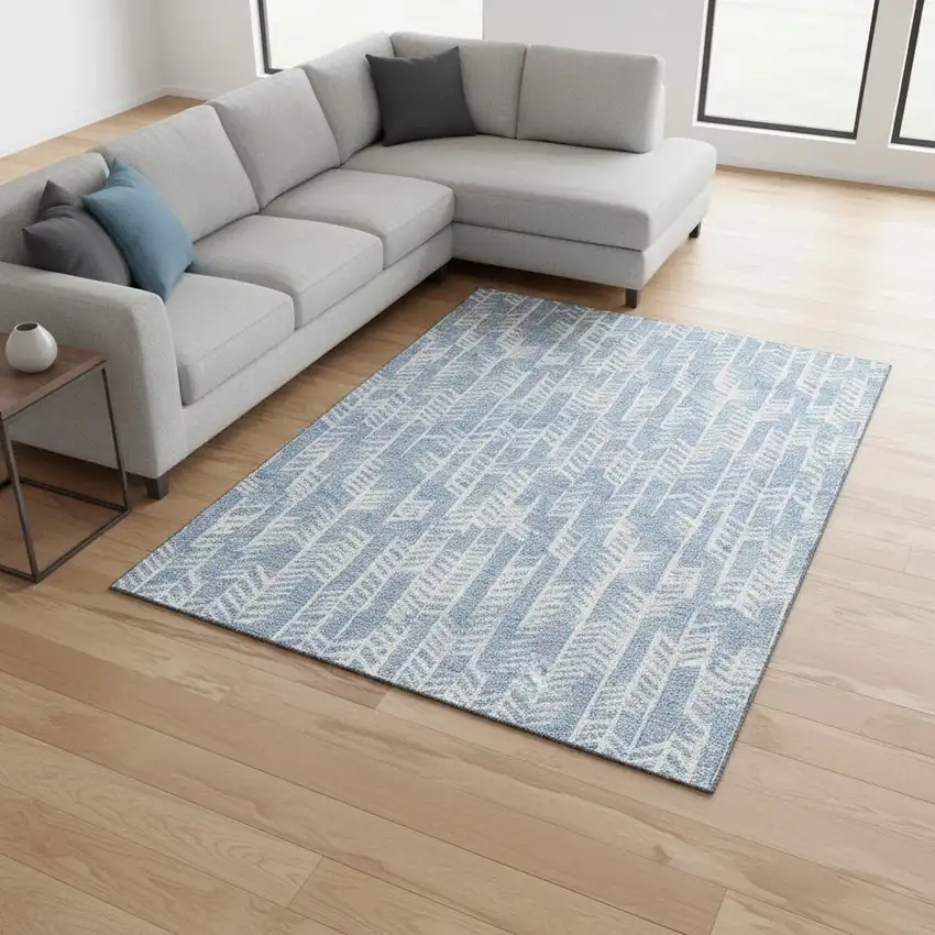 Sky Blue And Ivory Tribal Washable Area Rug With UV Protection Photo 2