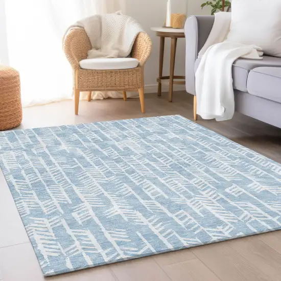 Sky Blue And Ivory Tribal Washable Area Rug With UV Protection Photo 5